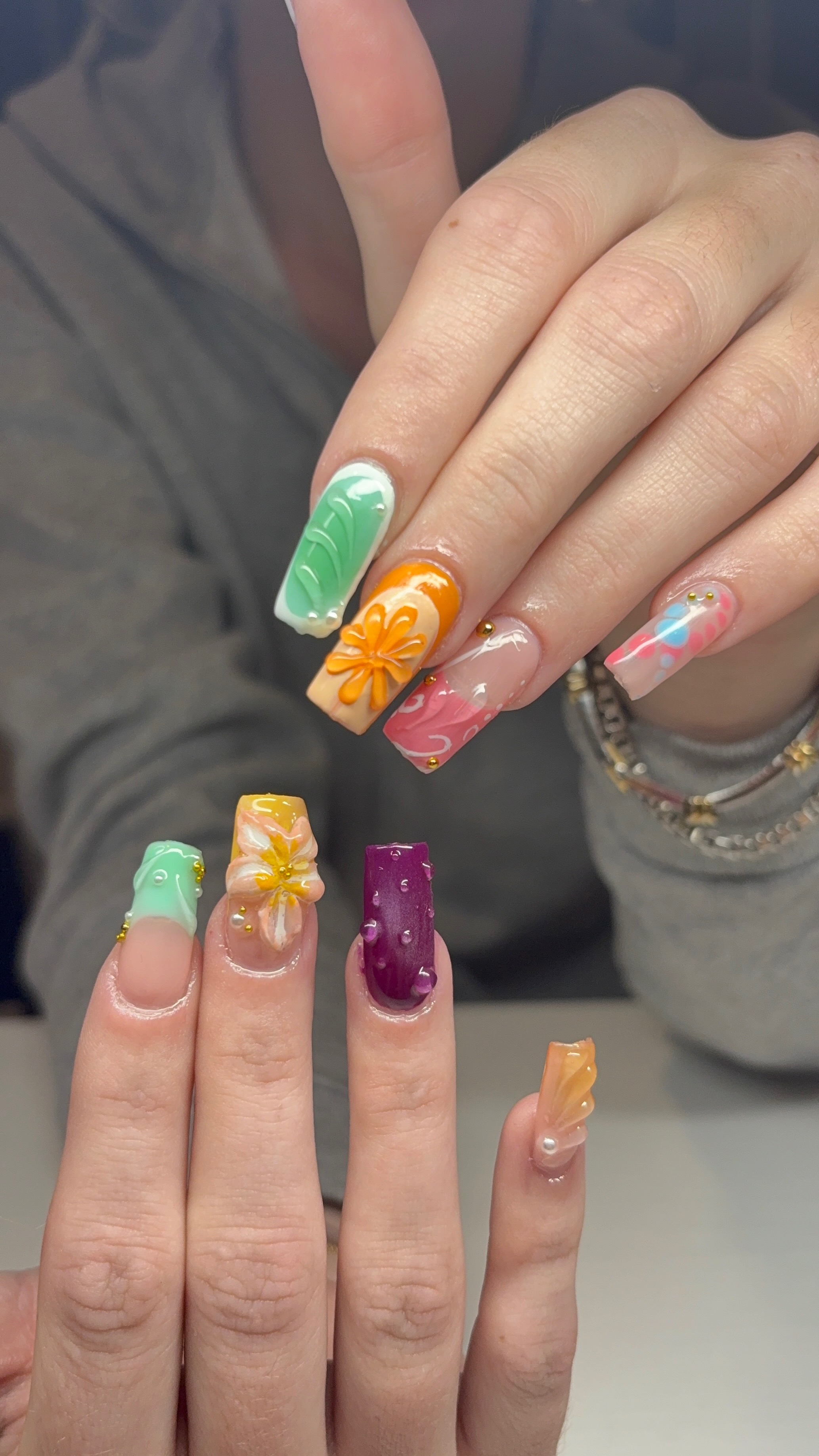 Colorful 3D floral nail art