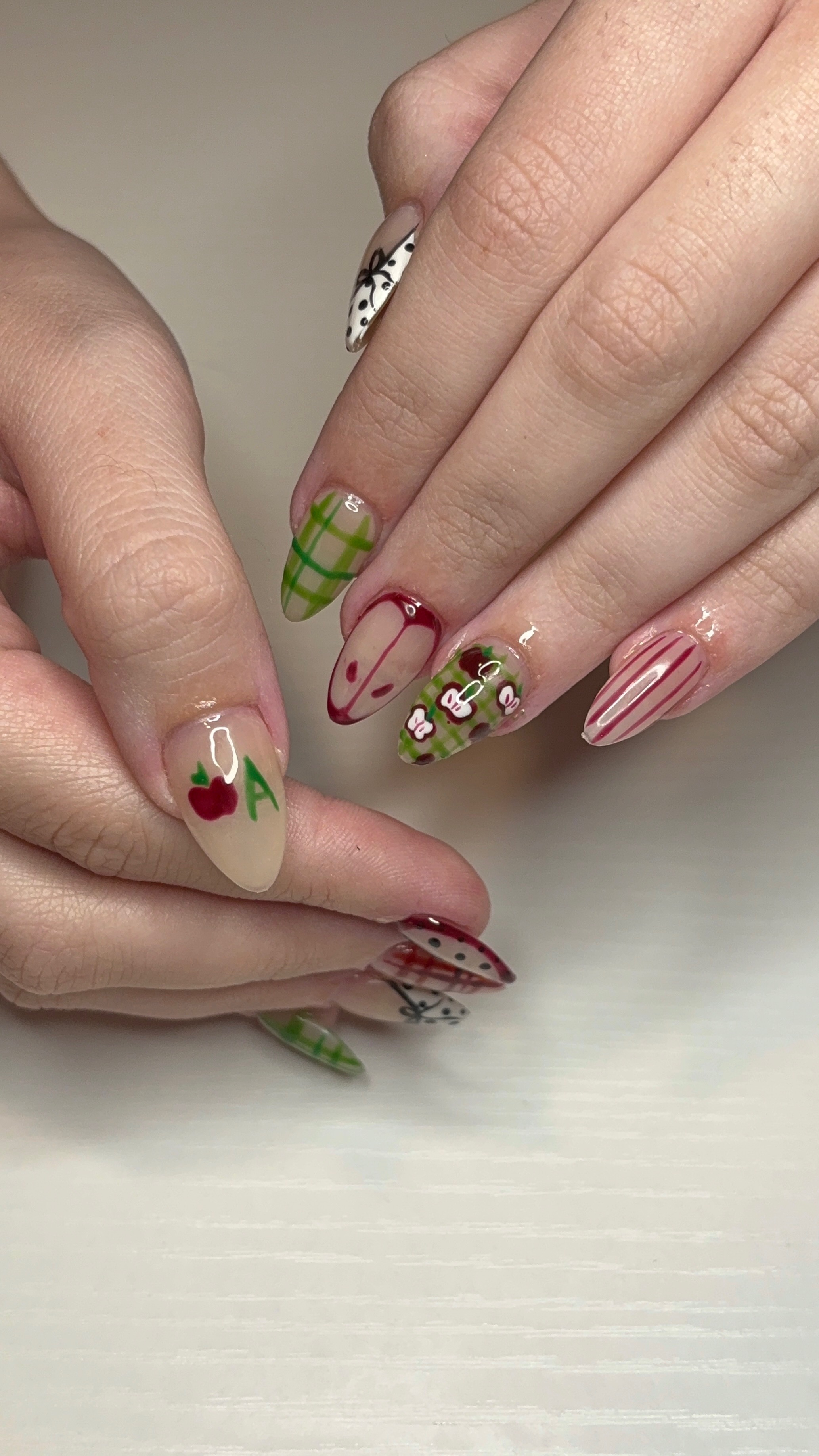 Cottagecore apple and plaid nail art